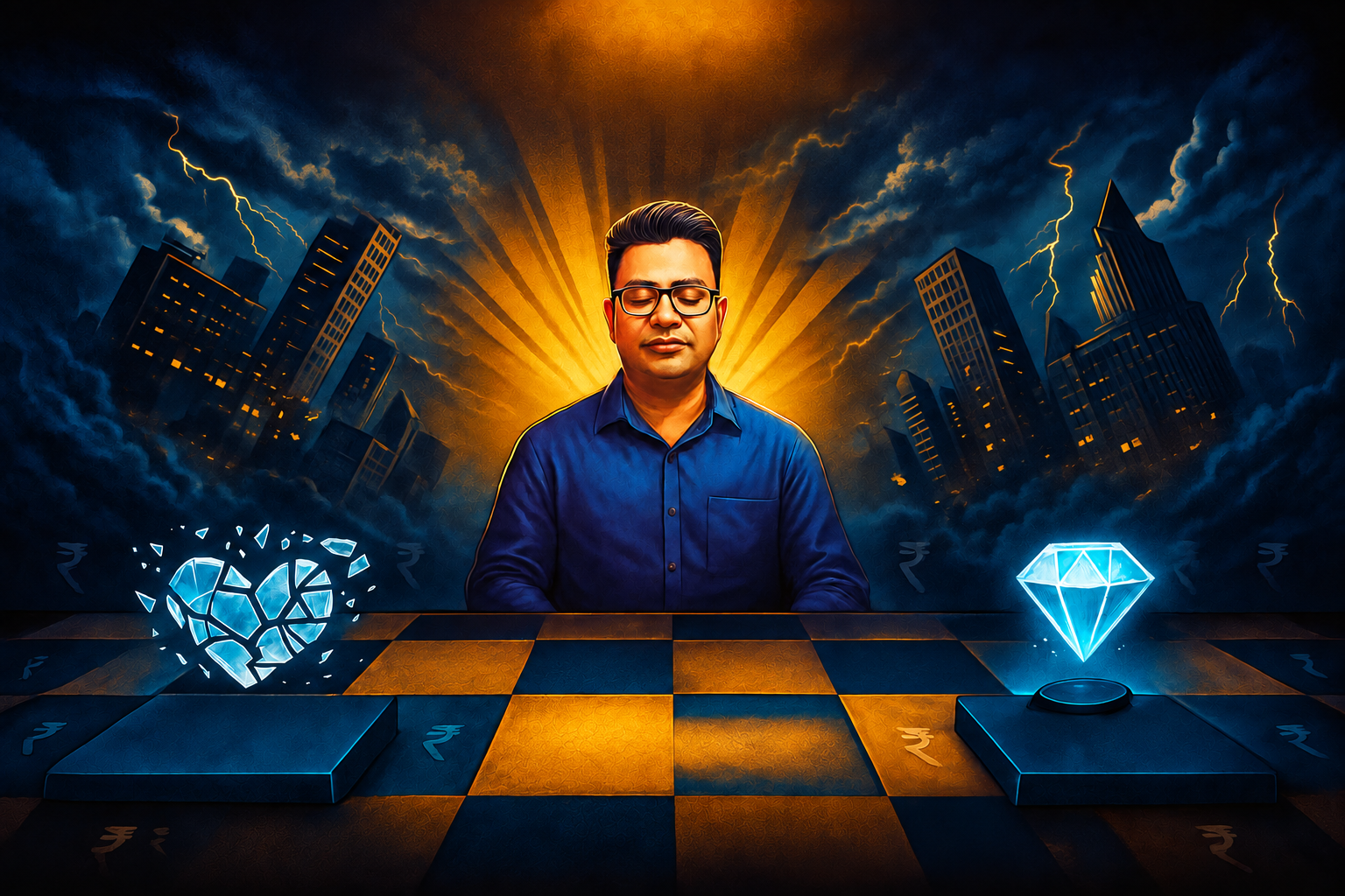 संकट की तैयारी, जोखिम और नुकसान से वापसी दर्शाता मूल चित्रित व्यक्ति, टूटता दिल और हीरा