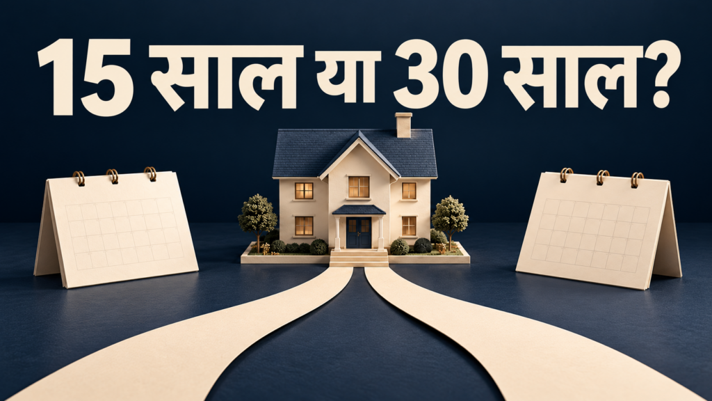 घर के मॉडल, दो रास्तों और कैलेंडर के ऊपर लिखा सवाल: 15 साल या 30 साल?