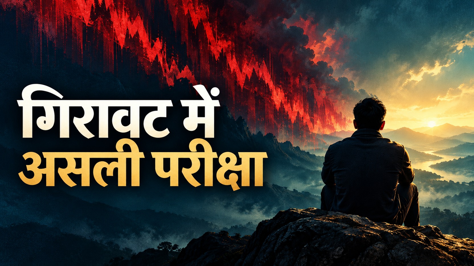 शेयर बाजार की गिरावट के प्रतीकात्मक लाल संकेतों के सामने शांत बैठा निवेशक; चित्र पर लिखा है ‘गिरावट में असली परीक्षा’।